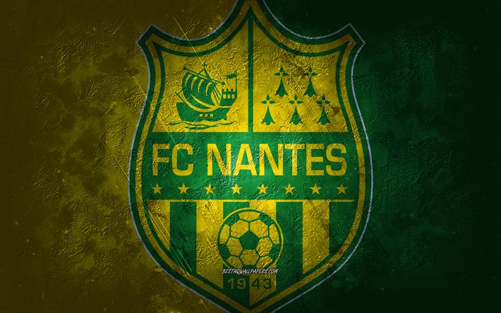 FC Nantes, squadra di calcio francese, sfondo giallo, FC Nantes logo, grunge, Ligue 1, Francia, calcio, FC Nantes emblema