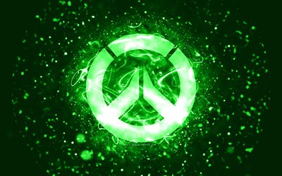 Overwatch yeşil logo, 4k, yeşil neon ışıklar, yaratıcı, yeşil soyut arka plan, Overwatch logosu, online oyunlar, Overwatch