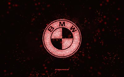 BMW glitter logo, 4k, black background, BMW logo, orange glitter art, BMW, creative art, BMW orange glitter logo