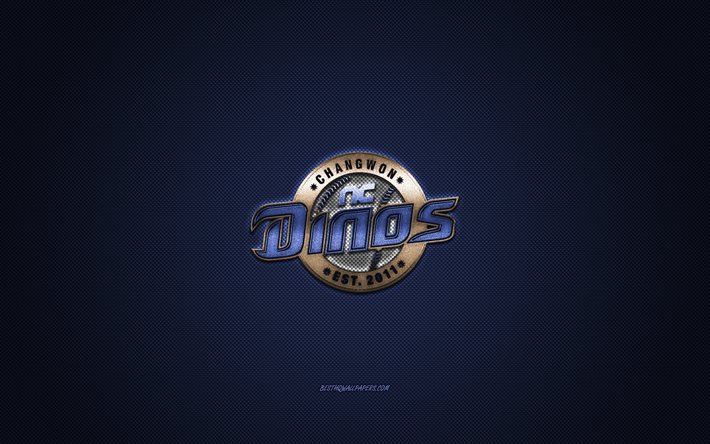 NC Dinos, club di baseball sudcoreano, KBO League, logo blu, sfondo blu in fibra di carbonio, baseball, Changwon, Corea del Sud, logo NC Dinos