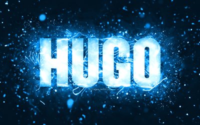 Happy Birthday Hugo, 4k, blue neon lights, Hugo name, creative, Hugo Happy Birthday, Hugo Birthday, popular american male names, picture with Hugo name, Hugo