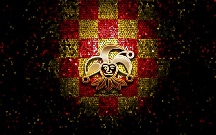 Jokerit Helsinki, logotipo com glitter, KHL, fundo xadrez vermelho amarelo, h&#243;quei, Kontinental Hockey League, logotipo Jokerit HC, arte em mosaico, time finland&#234;s de h&#243;quei, Jokerit HC