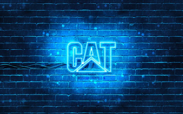 Caterpillar blue logo, 4k, CAT, blue brickwall, Caterpillar logo, brands, Caterpillar neon logo, Caterpillar, CAT logo