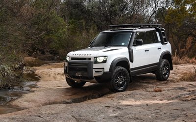 Land Rover Defender, 2021, Front View, Exterior, White SUV, New White Defender, British Cars, Land Rover