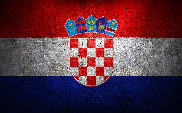 Kroatisk metallflagga, grungekonst, europeiska l&#228;nder, Kroatiens dag, nationella symboler, Kroatiens flagga, metallflaggor, Europa, Kroatien