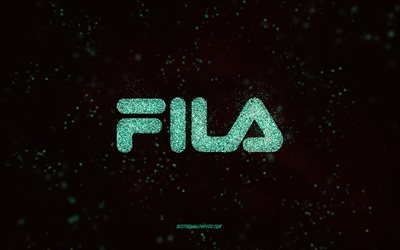 Logotipo com glitter Fila, 4k, fundo preto, logotipo Fila, arte com glitter turquesa, Fila, arte criativa, logotipo com glitter Fila turquesa