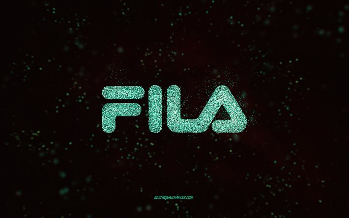 Fila glitter -logo, 4k, musta tausta, Fila -logo, turkoosi glitter -taide, Fila, luova taide, Fila turkoosi glitter -logo