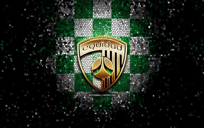 Club Deportivo La Equidad FC, glitter logo, Kategori Primera A, yeşil beyaz damalı arka plan, futbol, Kolombiyalı Futbol Kul&#252;b&#252;, Club Deportivo La Equidad logo, mozaik sanatı, Kolombiya Futbol Ligi