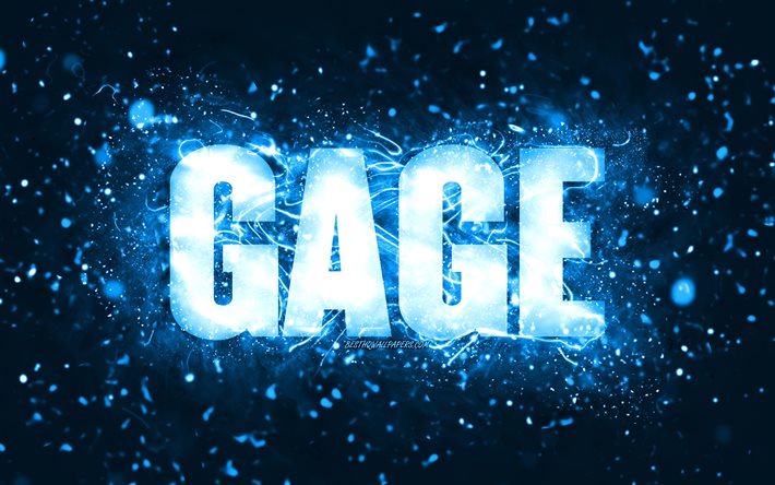 Joyeux anniversaire Gage, 4k, n&#233;ons bleus, nom de Gage, cr&#233;atif, joyeux anniversaire de Gage, anniversaire de Gage, noms masculins am&#233;ricains populaires, photo avec le nom de Gage, Gage