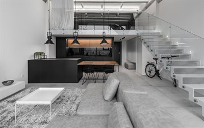 2階建てのアパート, モダンなインテリアデザイン, 灰色のソファ, スタイリッシュなインテリアデザイン, キッチンの黒い家具