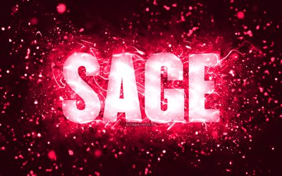 Happy Birthday Sage, 4k, pink neon lights, Sage name, creative, Sage Happy Birthday, Sage Birthday, popular american female names, picture with Sage name, Sage