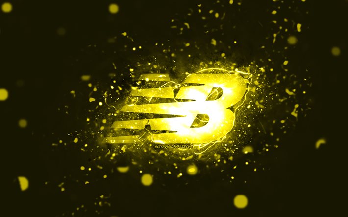 new balance gelbes logo, 4k, gelbe neonlichter, kreativer, gelber abstrakter hintergrund, new balance logo, modemarken, new balance