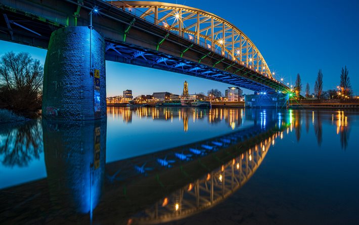 John Frost Bridge, Arnhem, Lower Rhine River, evening, sunset, Rhine, Arnhem cityscape, Netherlands