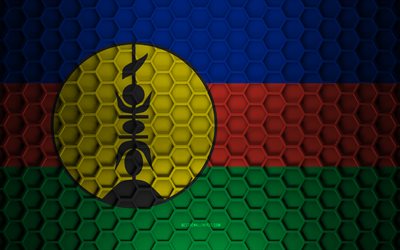 New Caledonia flag, 3d hexagons texture, New Caledonia, 3d texture, New Caledonia 3d flag, metal texture, flag of New Caledonia