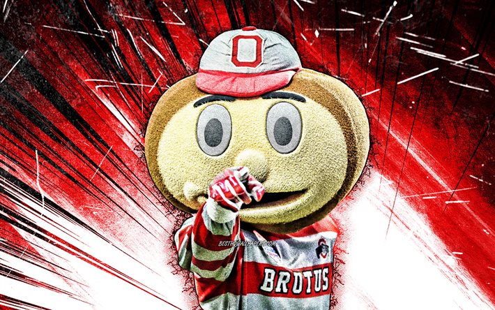 4k, Brutus Buckeye, grunge art, mascot, Ohio State Buckeyes, NCAA, red abstract rays, USA, Ohio State Buckeyes mascot, NCAA mascots, official mascot, Brutus Buckeye mascot