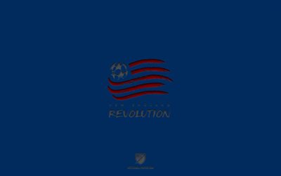 New England Revolution, blue background, American soccer team, New England Revolution emblem, MLS, Massachusetts, USA, soccer, New England Revolution logo