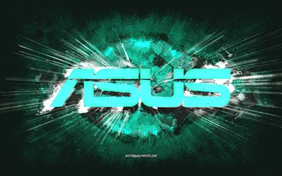 Asus logo, grunge sanat, turkuaz taş arka plan, Asus turkuaz logo, Asus, yaratıcı sanat, Asus grunge logo