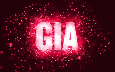 Happy Birthday Gia, 4k, pink neon lights, Gia name, creative, Gia Happy Birthday, Gia Birthday, popular american female names, picture with Gia name, Gia