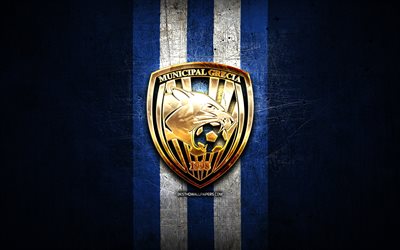 Municipal Grecia FC, golden logo, Liga FPD, blue metal background, football, Costa Rican football club, Municipal Grecia logo, soccer, Costa Rica Primera Division, Municipal Grecia