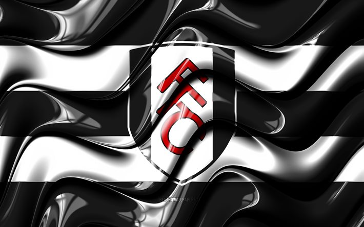 Fulham FC bayrağı, 4k, siyah ve beyaz 3D dalgalar, EFL Şampiyonası, İngiliz Futbol Kul&#252;b&#252;, futbol, Fulham logo, Fulham FC, FC Fulham