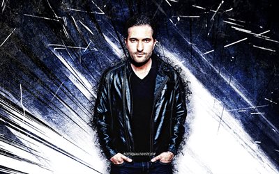 4k, Deniz Koyu, grunge, star della musica, DJ turchi, Deniz Akcakoyunlu, raggi astratti blu, superstar, celebrit&#224; turche, Deniz Koyu 4K