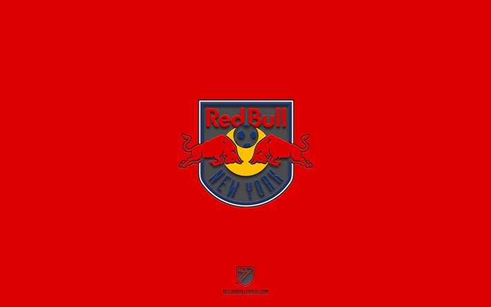 New York Red Bulls, red background, American soccer team, New York Red Bulls emblem, MLS, New York, USA, soccer, New York Red Bulls logo