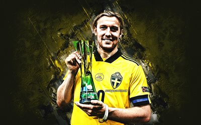 Emil Forsberg, Sweden national football team, Swedish football player, yellow stone background, football, grunge art