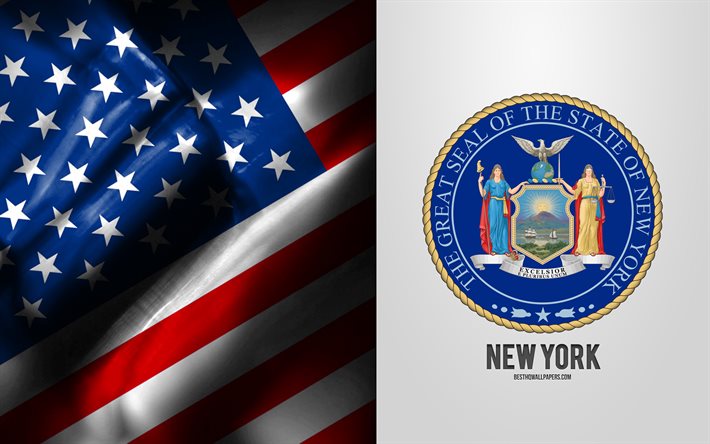Seal of New York, USA Flag, New York emblem, New York coat of arms, New York badge, American flag, New York, USA