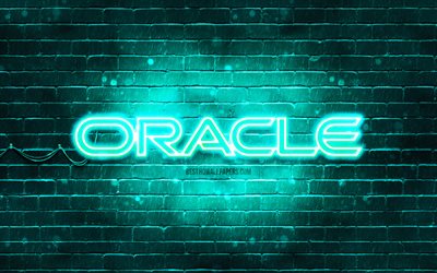 Oracle turquoise logo, 4k, turquoise brickwall, Oracle logo, brands, Oracle neon logo, Oracle