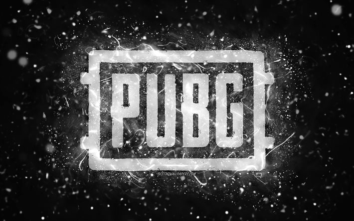 Pubg white logo, 4k, white neon lights, PlayerUnknowns Battlegrounds, creative, black abstract background, Pubg logo, online games, Pubg