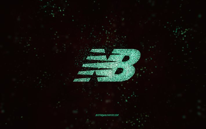 Logo glitter New Balance, 4k, sfondo nero, logo New Balance, arte glitter turchese, New Balance, arte creativa, logo glitter turchese New Balance