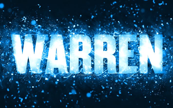 Joyeux anniversaire Warren, 4k, n&#233;ons bleus, nom Warren, cr&#233;atif, joyeux anniversaire Warren, anniversaire Warren, noms masculins am&#233;ricains populaires, photo avec le nom Warren, Warren