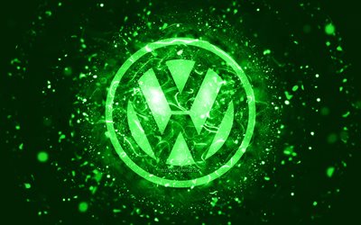 Logo vert Volkswagen, 4k, néons verts, créatif, fond abstrait vert, logo Volkswagen, marques de voitures, Volkswagen