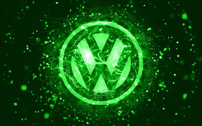 フォルクスワーゲングリーンロゴ, 4k, 緑のネオンライト, creative クリエイティブ, 緑の抽象的な背景, フォルクスワーゲンのロゴ, 車のブランド, フォルクスワーゲン