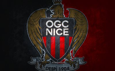 OGC Nice, French football team, red black background, OGC Nice logo, grunge art, Ligue 1, France, football, OGC Nice emblem