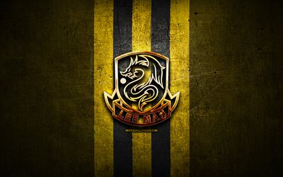 Lee Man FC, golden logo, Hong Kong Premier League, yellow metal background, football, Hong Kong football club, Lee Man logo, soccer