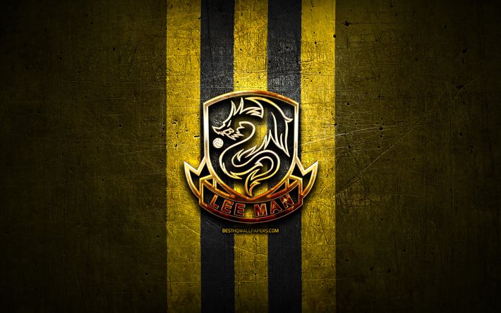 Lee Man FC, logotipo dourado, Hong Kong Premier League, fundo de metal amarelo, futebol, clube de futebol de Hong Kong, logotipo Lee Man
