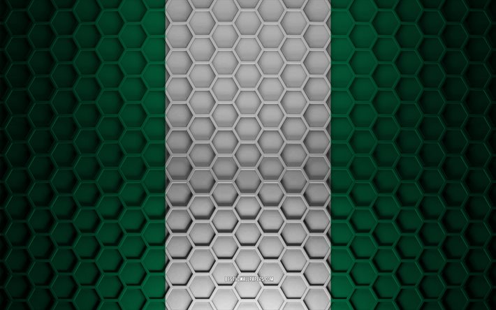 Nigeria flagga, 3d hexagons textur, Nigeria, 3d texture, Nigeria 3d flagga, metall textur, flagga av Nigeria