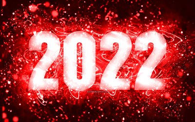 4k, 明けましておめでとうございます, 赤いネオンライト, 2022年のコンセプト, 2022年新年, 赤い背景に2022, 2022年の数字, 2022年の赤い数字