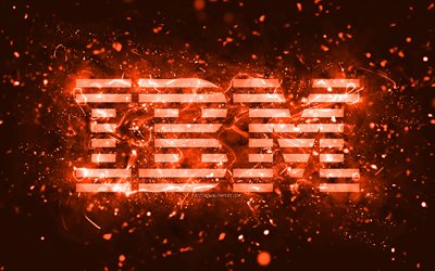 IBM turuncu logosu, 4k, turuncu neon ışıkları, yaratıcı, turuncu soyut arka plan, IBM logosu, markalar, IBM
