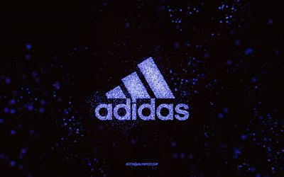 Adidas glitter logo, 4k, black background, Adidas logo, blue glitter art, Adidas, creative art, Adidas blue glitter logo