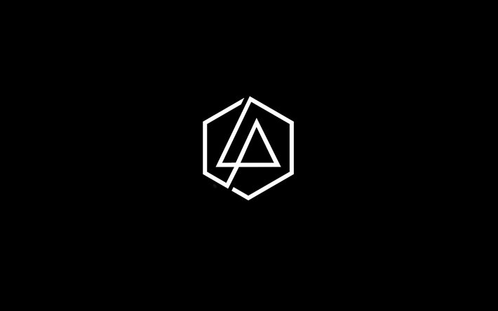 4k, logotipo do Linkin Park, minimalismo, estrelas da m&#250;sica, fundo preto, logotipo branco do Linkin Park, minimalismo do Linkin Park, Linkin Park