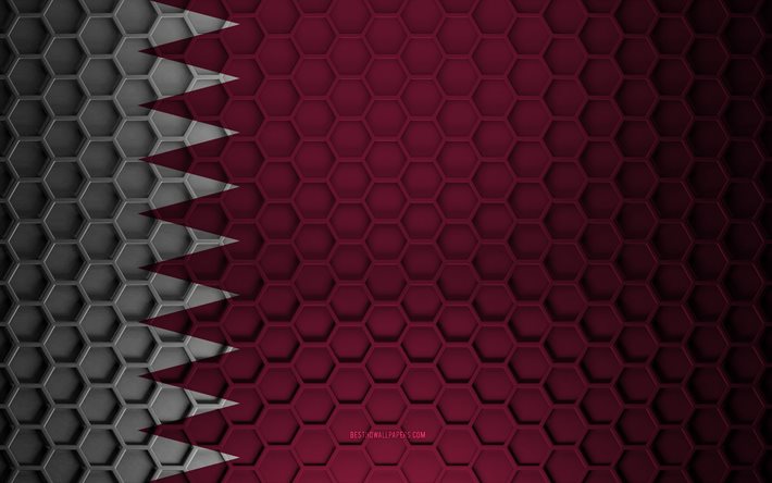 Drapeau du Qatar, texture des hexagones 3d, Qatar, texture 3d, drapeau du Qatar 3d, texture en m&#233;tal, drapeau du Qatar