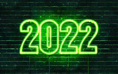 2022 cifre al neon verdi, 4k, Felice Anno Nuovo 2022, muro di mattoni verde, testo orizzontale, 2022 concetti, fili, 2022 nuovo anno, 2022 su sfondo verde, 2022 cifre dell&#39;anno