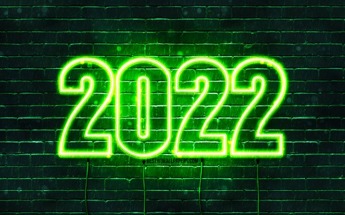 2022 vihreät neon numerot, 4k, hyvää uutta vuotta 2022, vihreä tiiliseinä, vaakasuora teksti, 2022 käsitteet, johdot, uusi vuosi 2022, 2022 vihreällä taustalla, 2022 vuoden numerot
