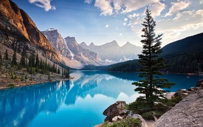Nordamerika, Moraine Lake, morgon, Banff National Park, blue lake, berg, Kanada