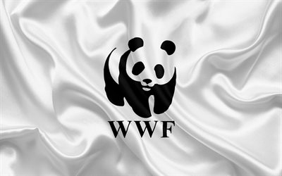 WWF bandera, el Fondo Mundial para la naturaleza, bandera de seda blanca, WWF emblema, panda, logotipo