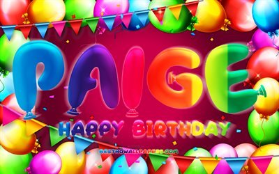 Joyeux anniversaire Paige, 4k, cadre ballon color&#233;, nom Paige, fond violet, Paige joyeux anniversaire, Paige anniversaire, noms f&#233;minins am&#233;ricains populaires, concept d&#39;anniversaire, Paige