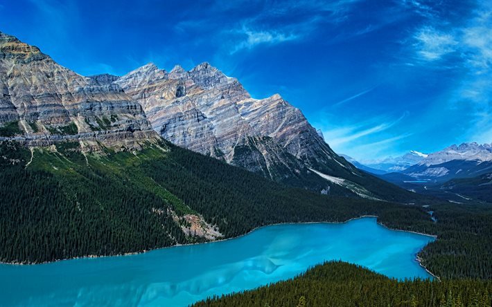 Peyto G&#246;l&#252;, 4k, yaz, mavi g&#246;l, Banff, dağlar, Banff Ulusal Parkı, Kanada, Alberta