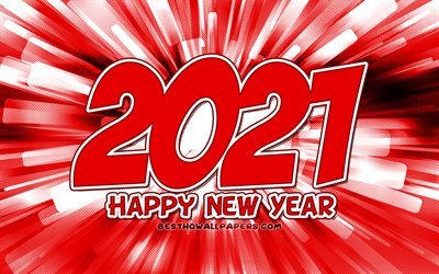 Happy New Year 2021, 4k, red abstract rays, 2021 red digits, 2021 concepts, 2021 on red background, 2021 year digits
